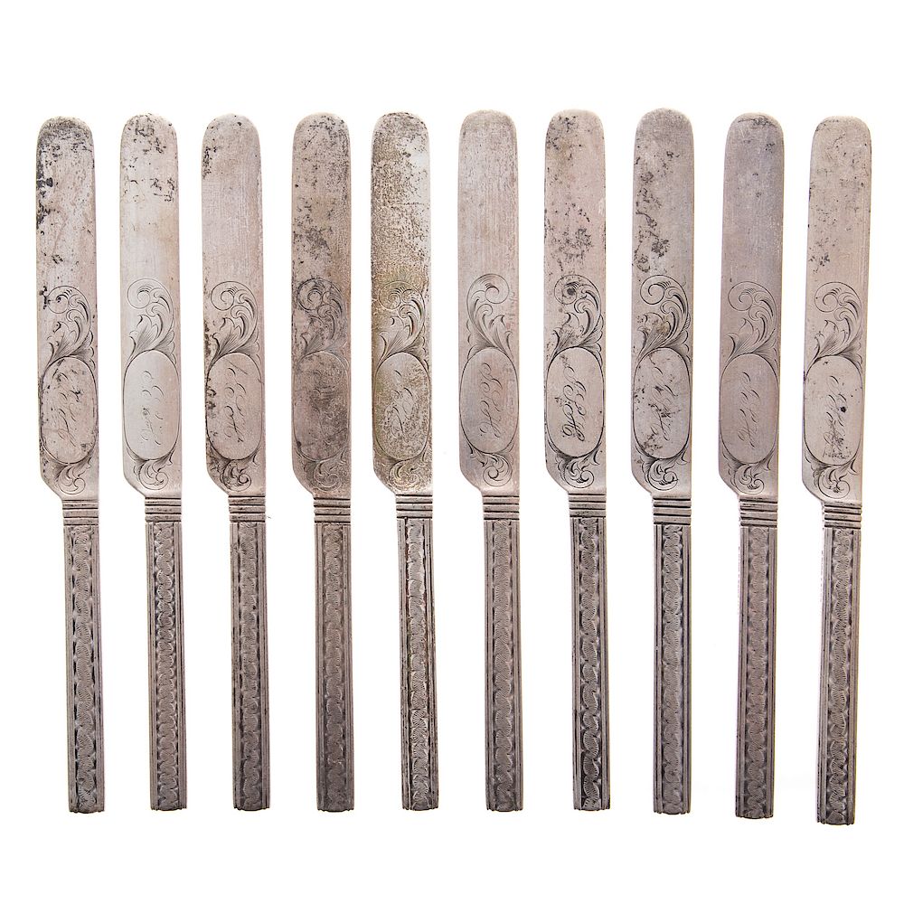 Appraisal: Ten S Kirk Sons Coin Silver Flat Dessert Knives early-to-mid