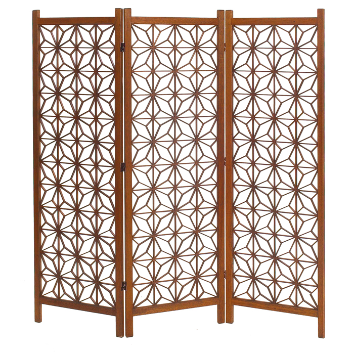 Appraisal: Modern Screen maker unknown three mahogany panels with geometric fretwork