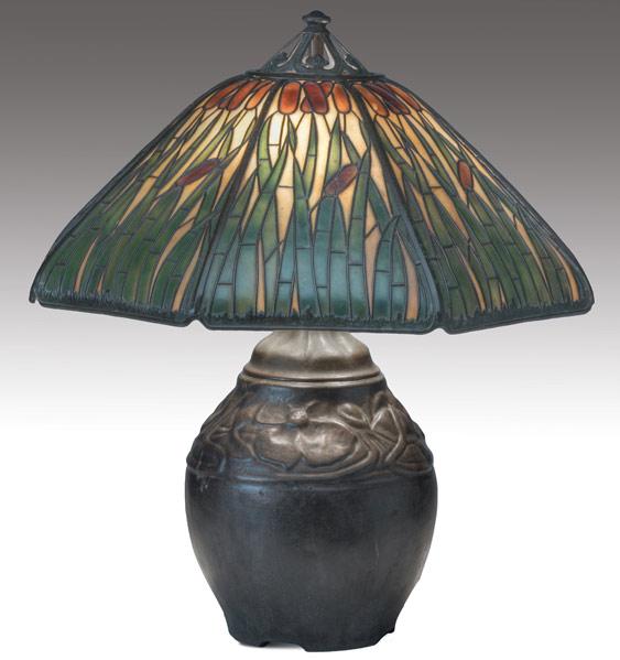 Appraisal: HANDEL Large table lamp with a paneled glass shade in