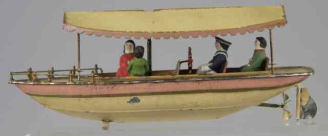 Appraisal: FLEISCHMANN RIVER BOAT Railed bow canopy covered passenger seating painted