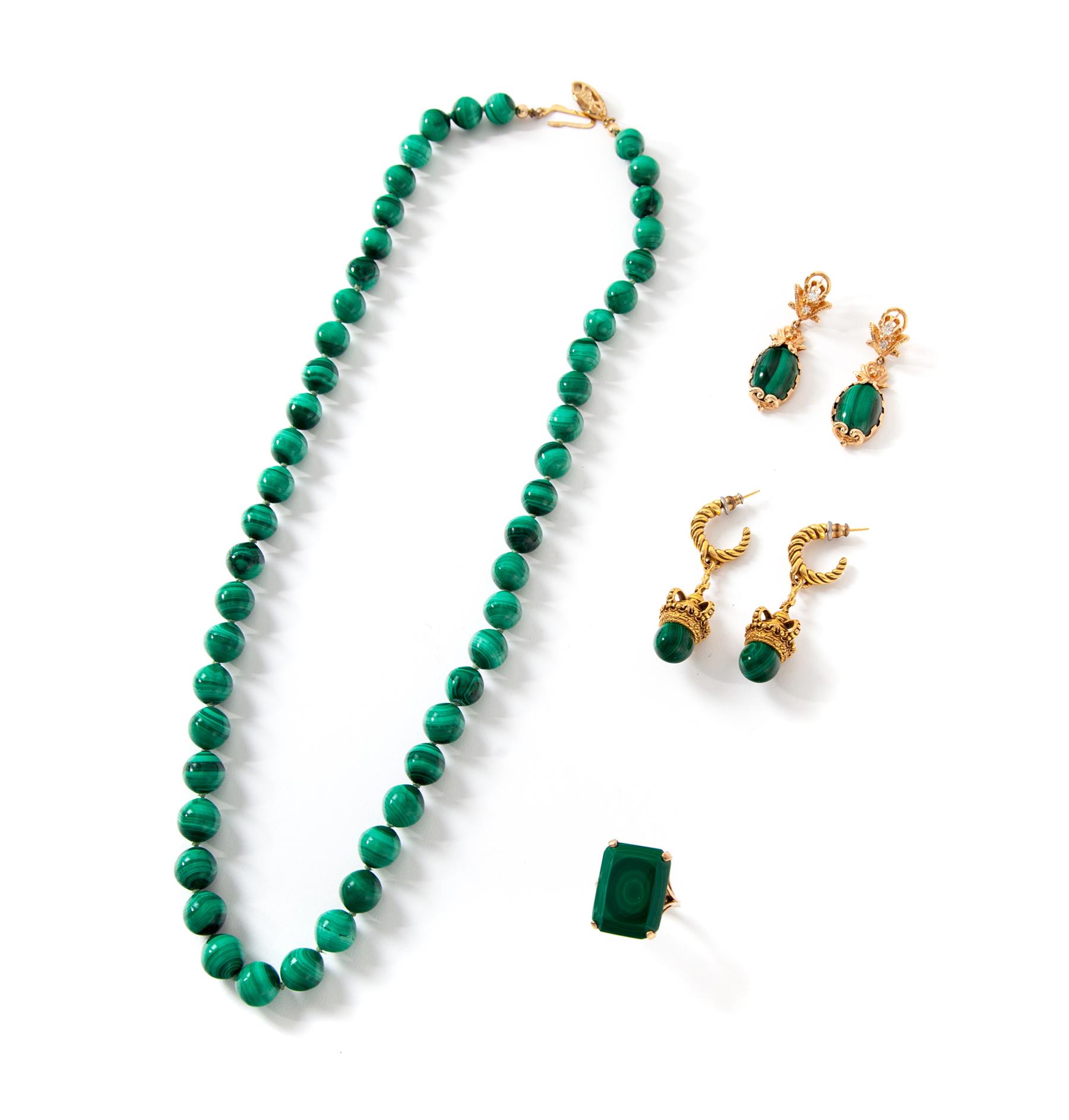 Appraisal: FOUR PIECES OF GOLD AND MALACHITE JEWELRY American late th