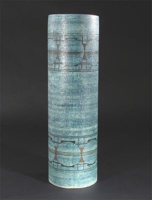 Appraisal: A tall Troika Pottery Cylinder vase by Honor Curtis painted