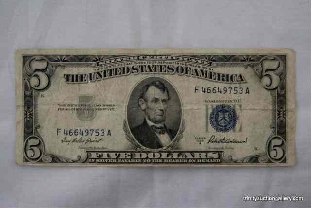 Appraisal: A US Five Dollar Silver Certificate Note Protected in a