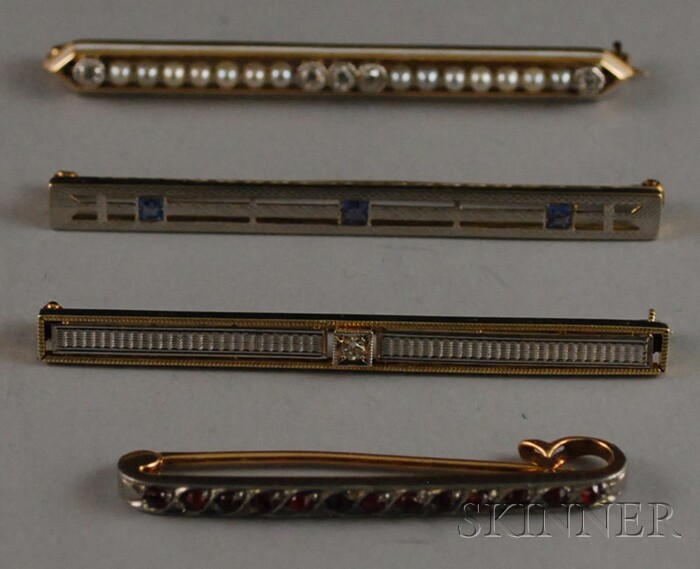 Appraisal: Four kt Gold Gem-set Bar Pins two set with diamonds