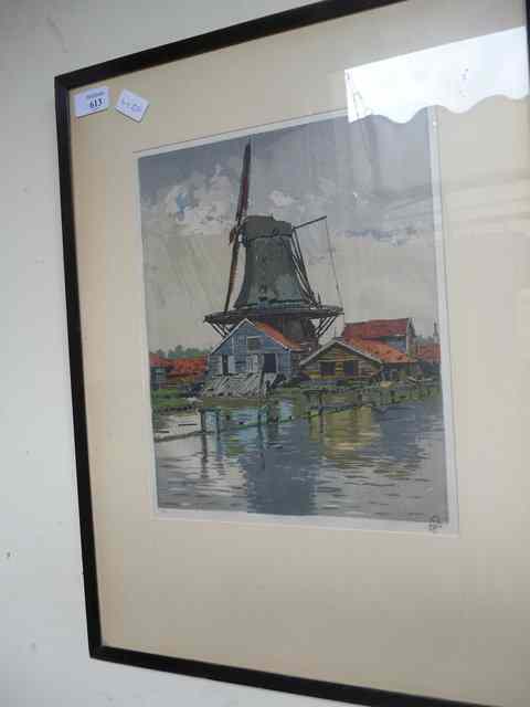 Appraisal: A POLYCHROME LITHOGRAPH of a windmill indistinctly signed bottom right