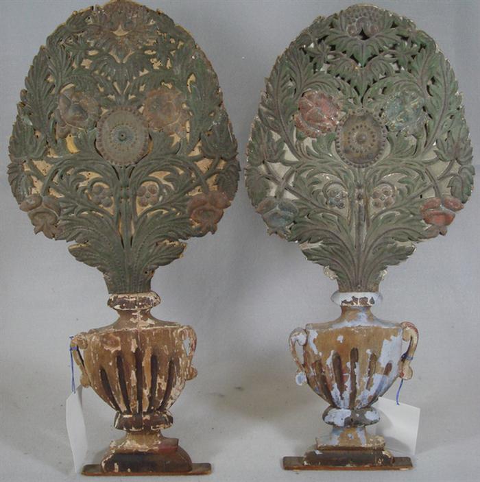 Appraisal: Pr embossed tin floral bouquet panels on wood backs mounted