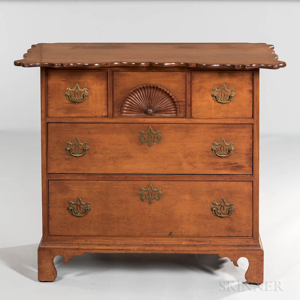 Appraisal: Fan-carved Scalloped-top Cherry Chest of Three Drawers Fan-carved Scalloped-top Cherry