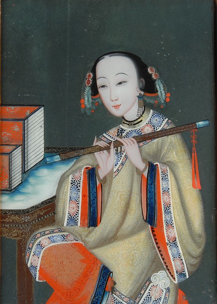 Appraisal: CHINESE EXPORT REVERSE-PAINTING-ON-GLASS Circa Portrait of a seated woman holding