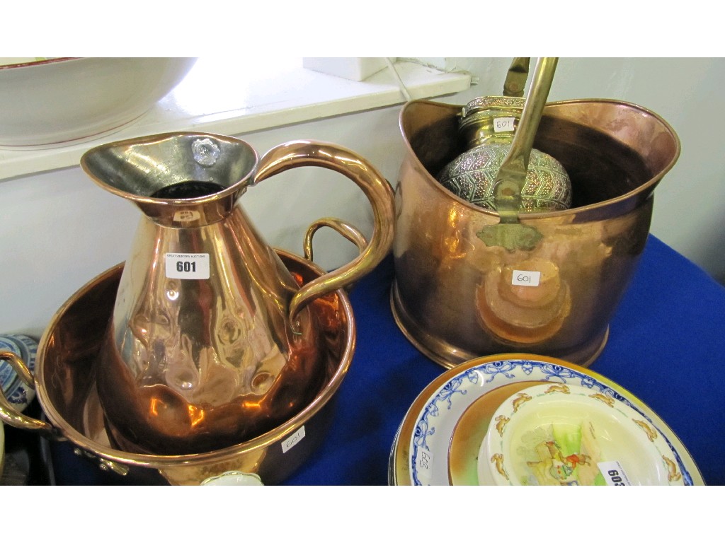 Appraisal: Lot comprising copper coal bucket jug and dish and an