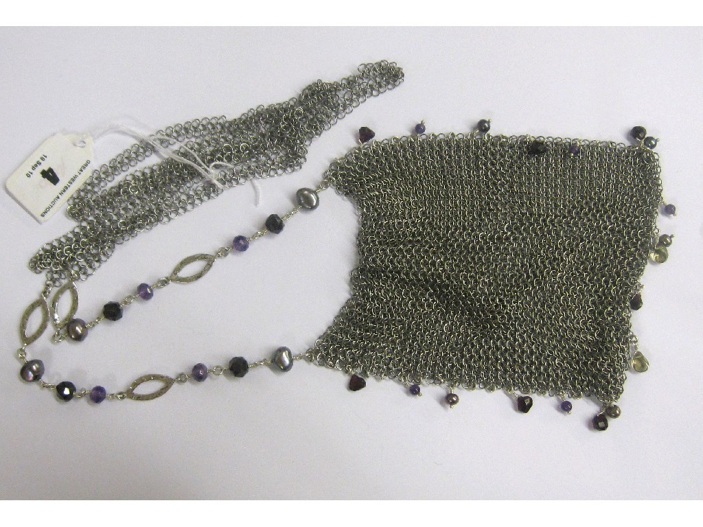 Appraisal: Chainmail purse with beaded fringe on long chain with bead