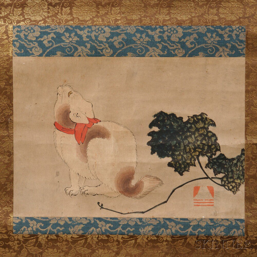 Appraisal: Painting Depicting a Cat Japan the cat wearing a red