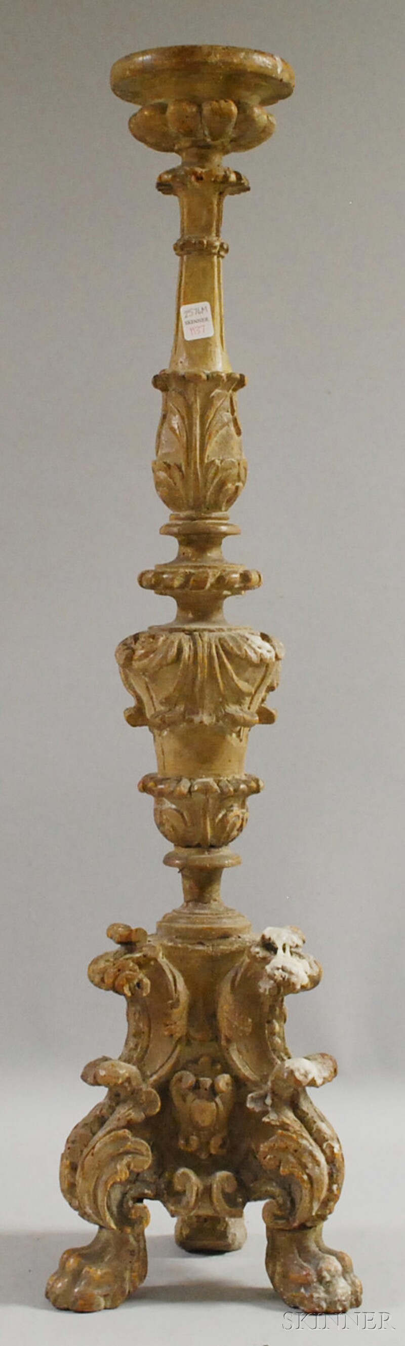 Appraisal: Tall Hispano Rococo-style Carved Wooden Pricket Candlestick ht in