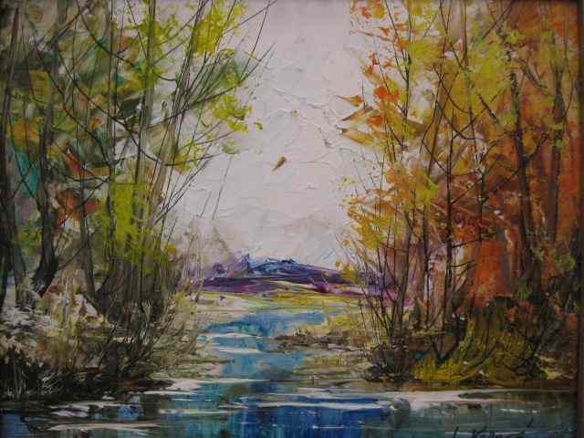 Appraisal: L Kouges Oil Autumn Landscapewith stream on board image area