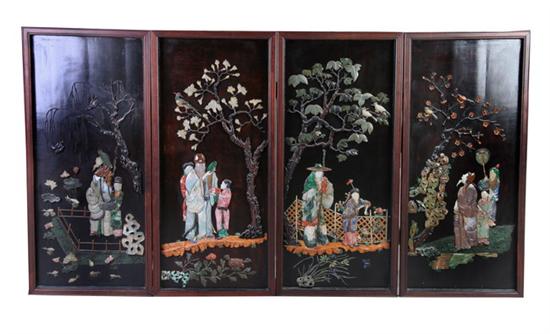 Appraisal: FOUR CHINESE BLACK LACQUER AND HARDSTONE PANELS Late Qing Dynasty