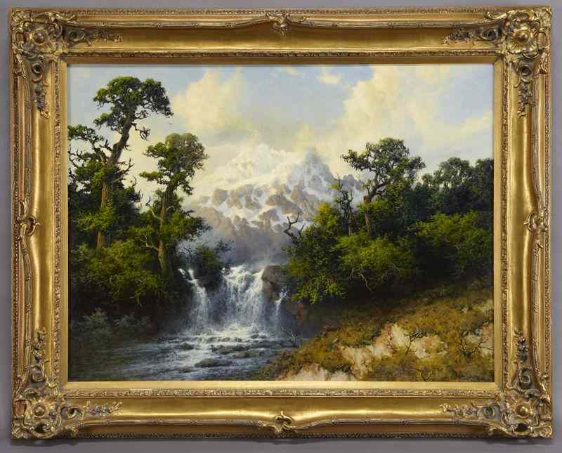 Appraisal: A D Greer ''Waterfall'' oil painting on canvas Canvas ''H