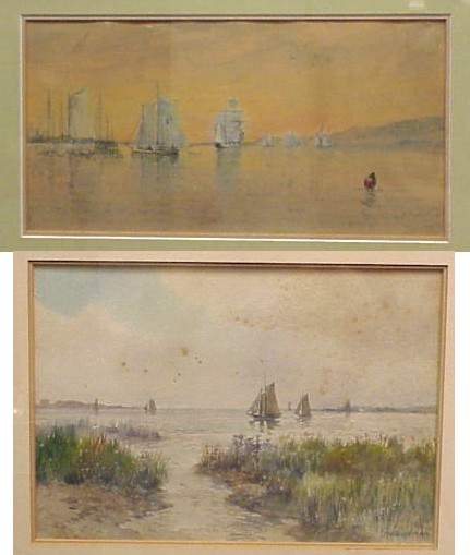 Appraisal: Watercolor on paper sailing ships in harbor with buoy in