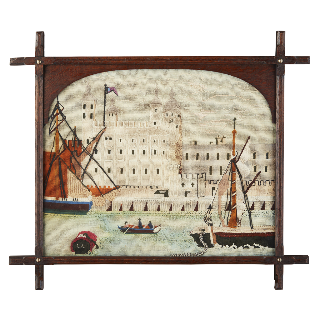 Appraisal: ENGLISH SCHOOL NAIVE WOOLWORK PICTURE CIRCA depicting the Tower of