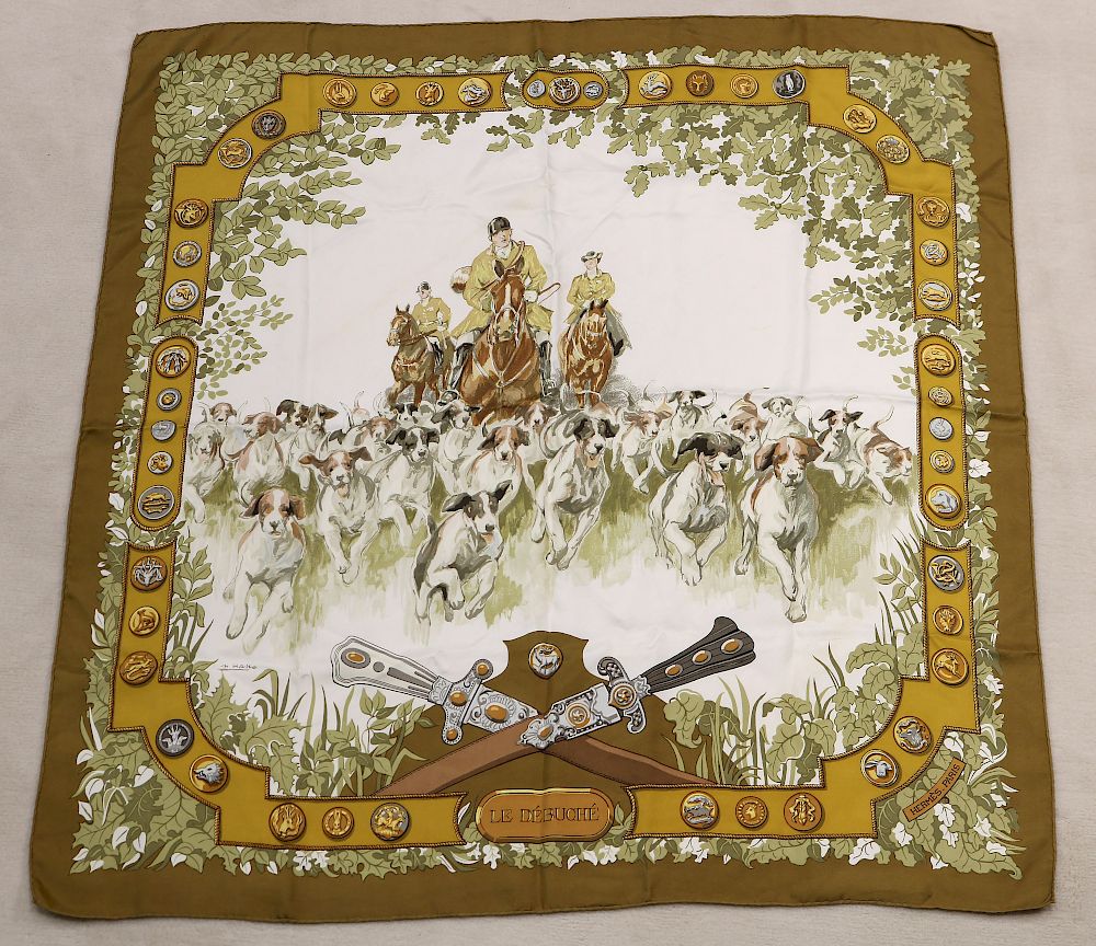 Appraisal: Hermes Fox Hunting Design Scarf Hermes scarf depicting fox hunting