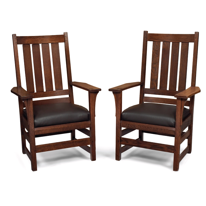 Appraisal: L and JG Stickley armchairs pair high-back form with four