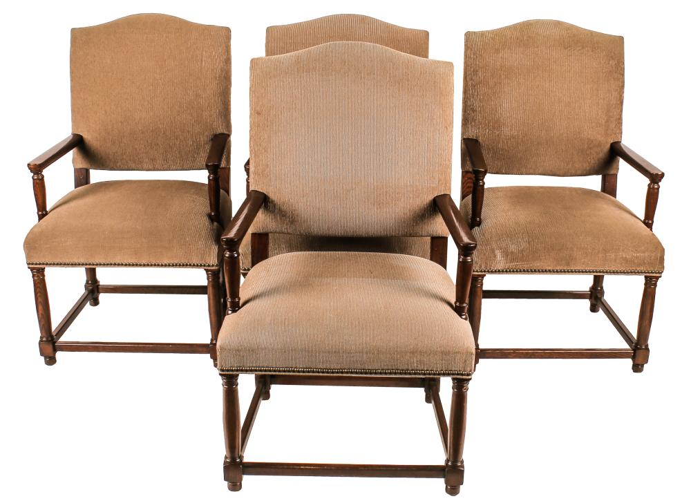 Appraisal: FOUR RESTORATION HARDWARE OPEN ARMCHAIRSoak frame and beige upholstery inches