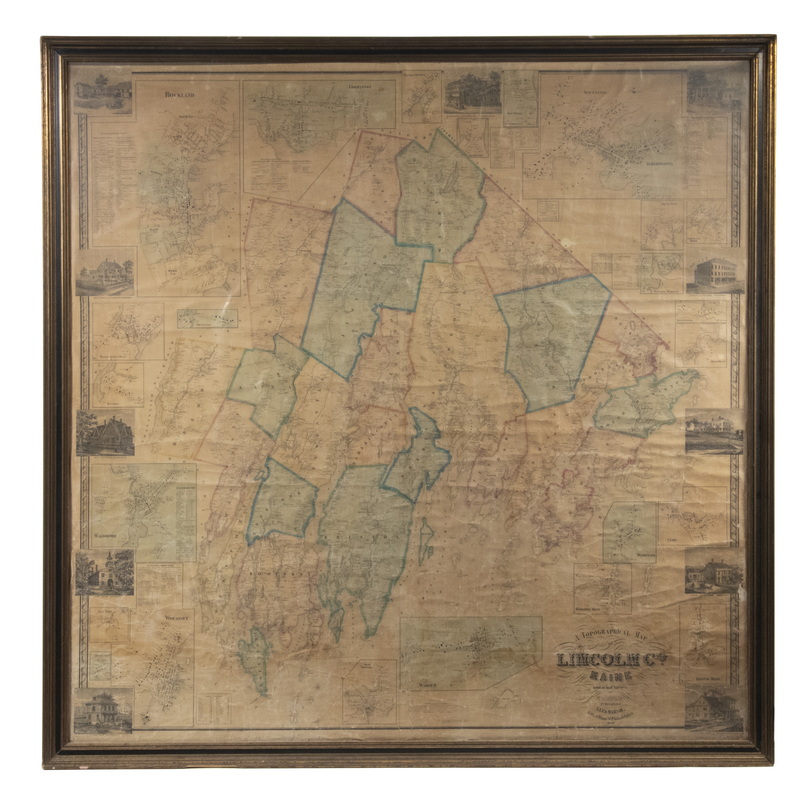 Appraisal: FRAMED SCHOOLROOM TOWN HALL MAP OF LINCOLN COUNTY MAINE BY