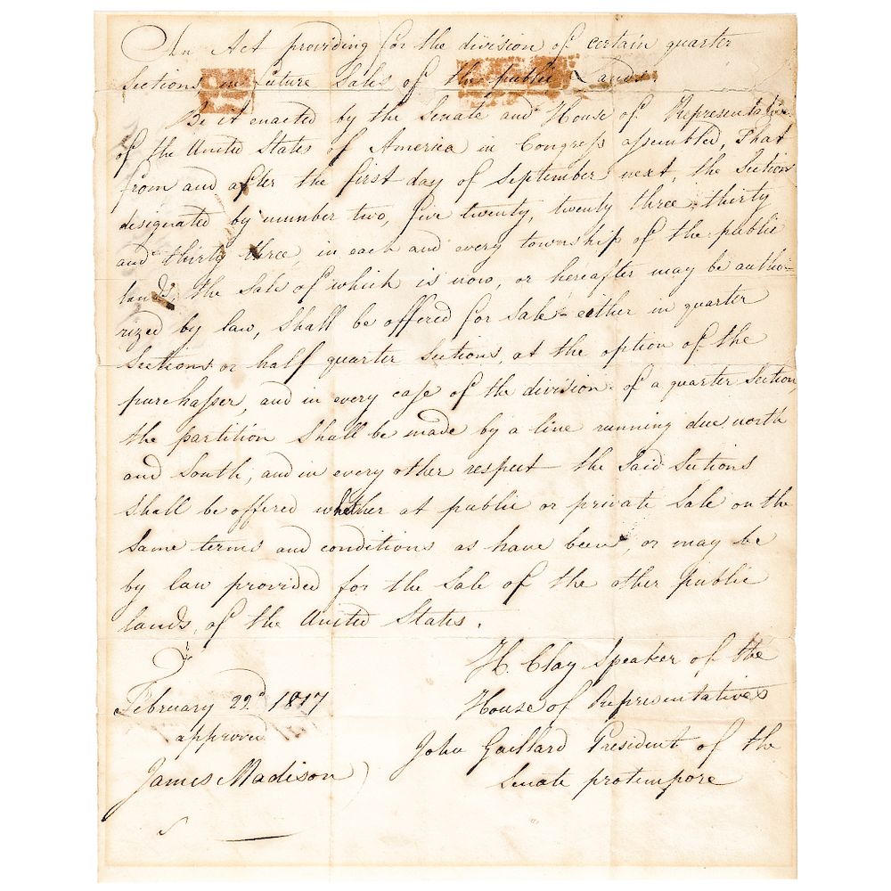 Appraisal: President James Madison Approved Congressional Act Retained Secretarial Draft Autographs