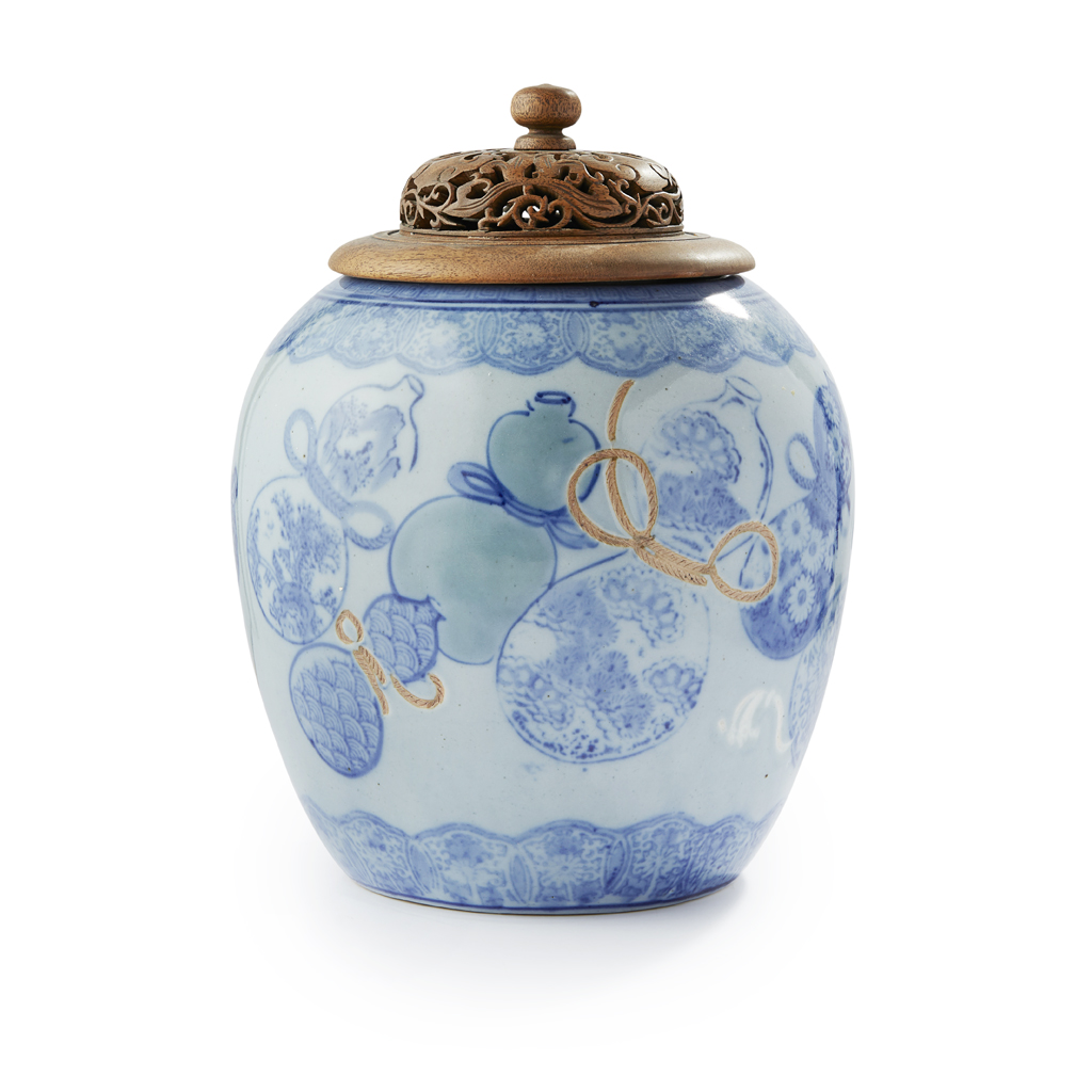 Appraisal: BLUE GLAZED GINGER JAR AND WOOD COVER the ovoid jar