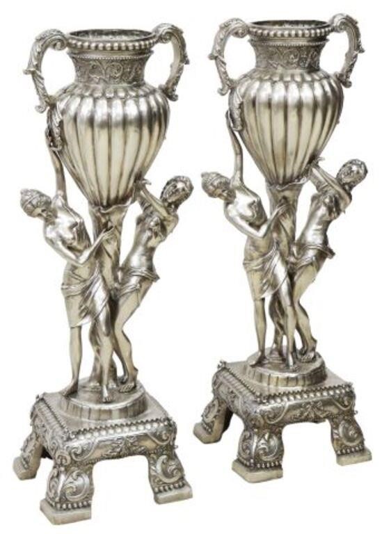 Appraisal: pair Large silvered bronze jardinieres planters two-handled urn with beaded