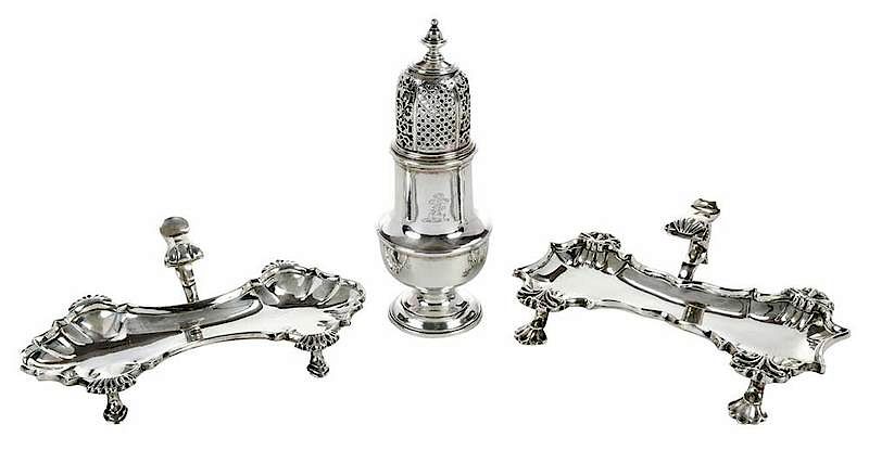 Appraisal: English Silver Caster Two Snuffer Stands including a pair cartouche