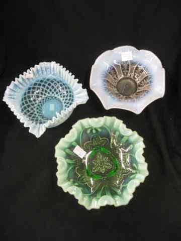 Appraisal: Opalescant Art Glass Bowls green footed blue with lattice and