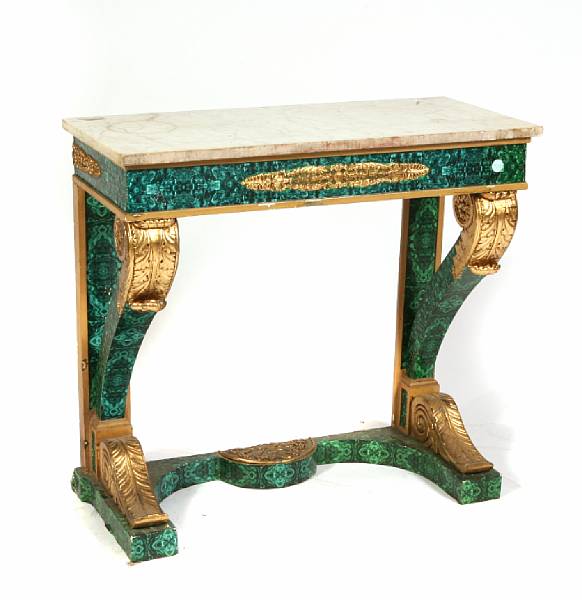 Appraisal: An Empire style parcel gilt and faux malachite console table