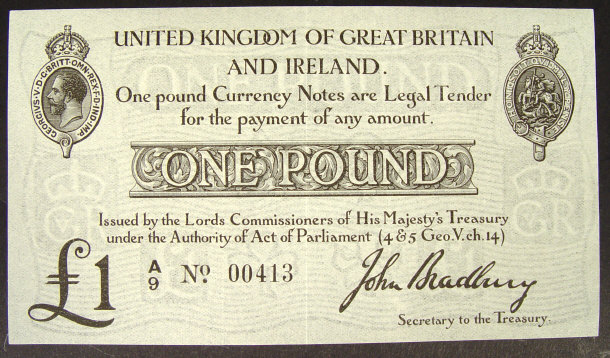 Appraisal: United Kingdom and Ireland one pound note signed John Bradbury