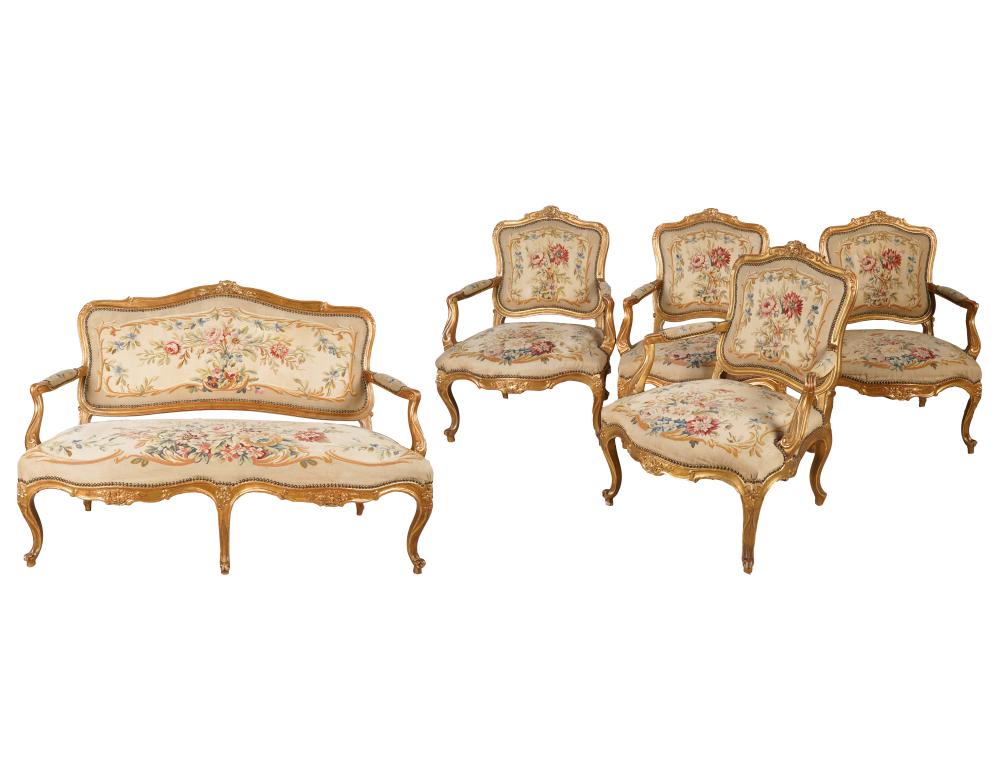 Appraisal: FIVE PIECE LOUIS XV-STYLE SALON SUITEcomprising a settee inches wide