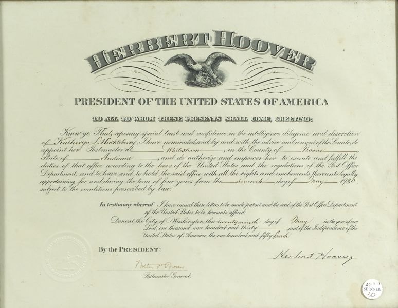 Appraisal: Hoover Herbert - document May th one page appointing Katheryn