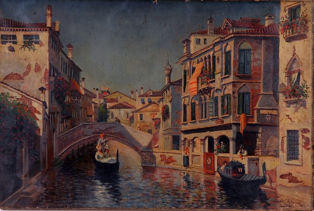 Appraisal: Venetian canal scene with gondolas oil on canvas x SLR