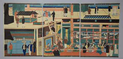 Appraisal: GROUP OF JAPANESE YOKOHAMA PRINTS including a triptych of Westerners