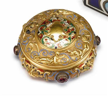 Appraisal: French gold enamel and amethyst mounted pill box th century