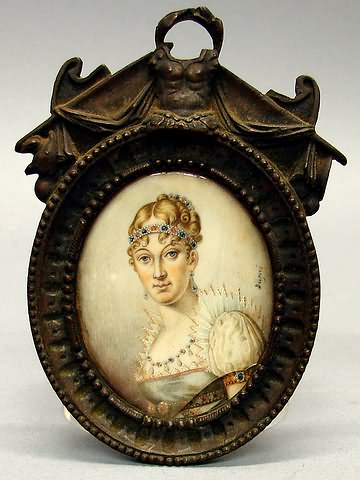 Appraisal: Oval bronze frame on ivory wearing jeweled headband and necklace