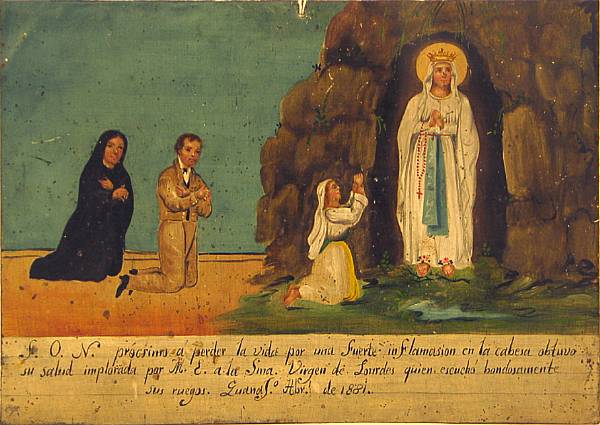 Appraisal: A Mexican retablo Prayer to Virgin of Lourdes oil on