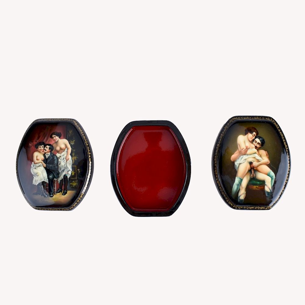 Appraisal: Russian Lacquered Three Part Box with Erotic Scene Russian Lacquered