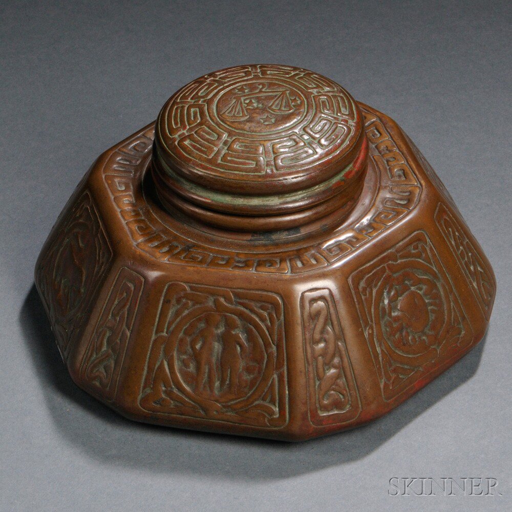 Appraisal: Tiffany Studios Zodiac Inkwell Bronze New York - Large twelve-sided