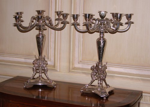 Appraisal: Title Pair Continental Silver -Light Candelabra triangular-shaped base with griffin