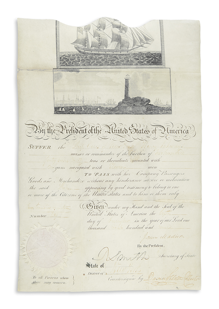 Appraisal: MADISON JAMES Partly-printed vellum Document Signed as President ship's papers