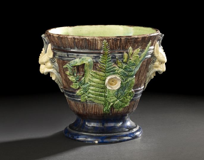 Appraisal: Fine Polychromed Palissy Ware Satyr Masque-Handled Footed Cachepot attributed to