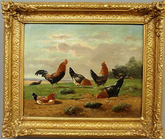 Appraisal: - Continental oil on canvas painting of colorful bantam chickens