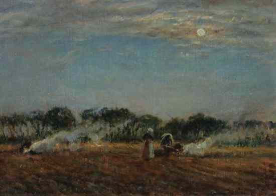 Appraisal: CONTINENTAL SCHOOL th century BURNING BRUSH IN MOONLIGHT signed illegibly