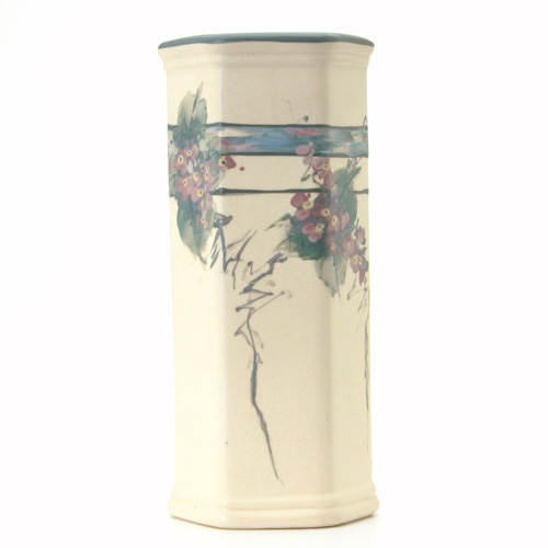 Appraisal: WELLER White and Decorated Hudson faceted vase painted with a