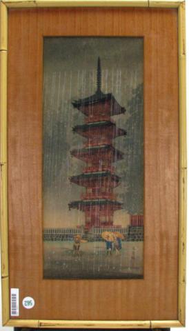 Appraisal: Japanese Color Woodblock figures and tower site size x size