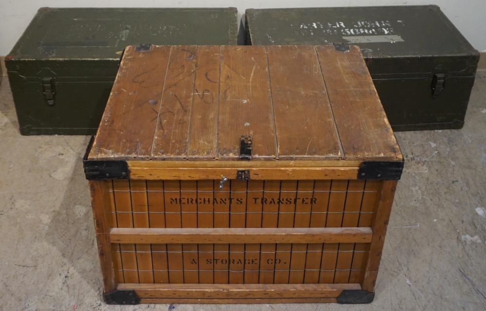 Appraisal: TWO METAL FOOTLOCKERS AND ONE WOOD TRUNK WITH A SMALL