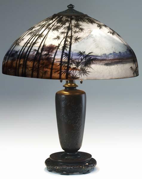 Appraisal: HANDEL Table lamp its hemispherical shade reverse and obverse-painted with